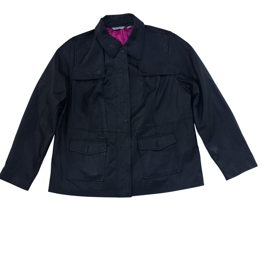 Isaac Mizrahi Live Black Leather Jacket Pink Lining Utility Coat‎ Womens XL